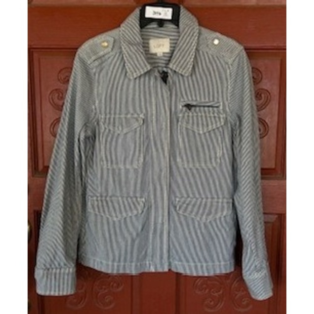 LOFT Jacket Blue White Striped Railroad Military Style‎ Pockets Women's Medium